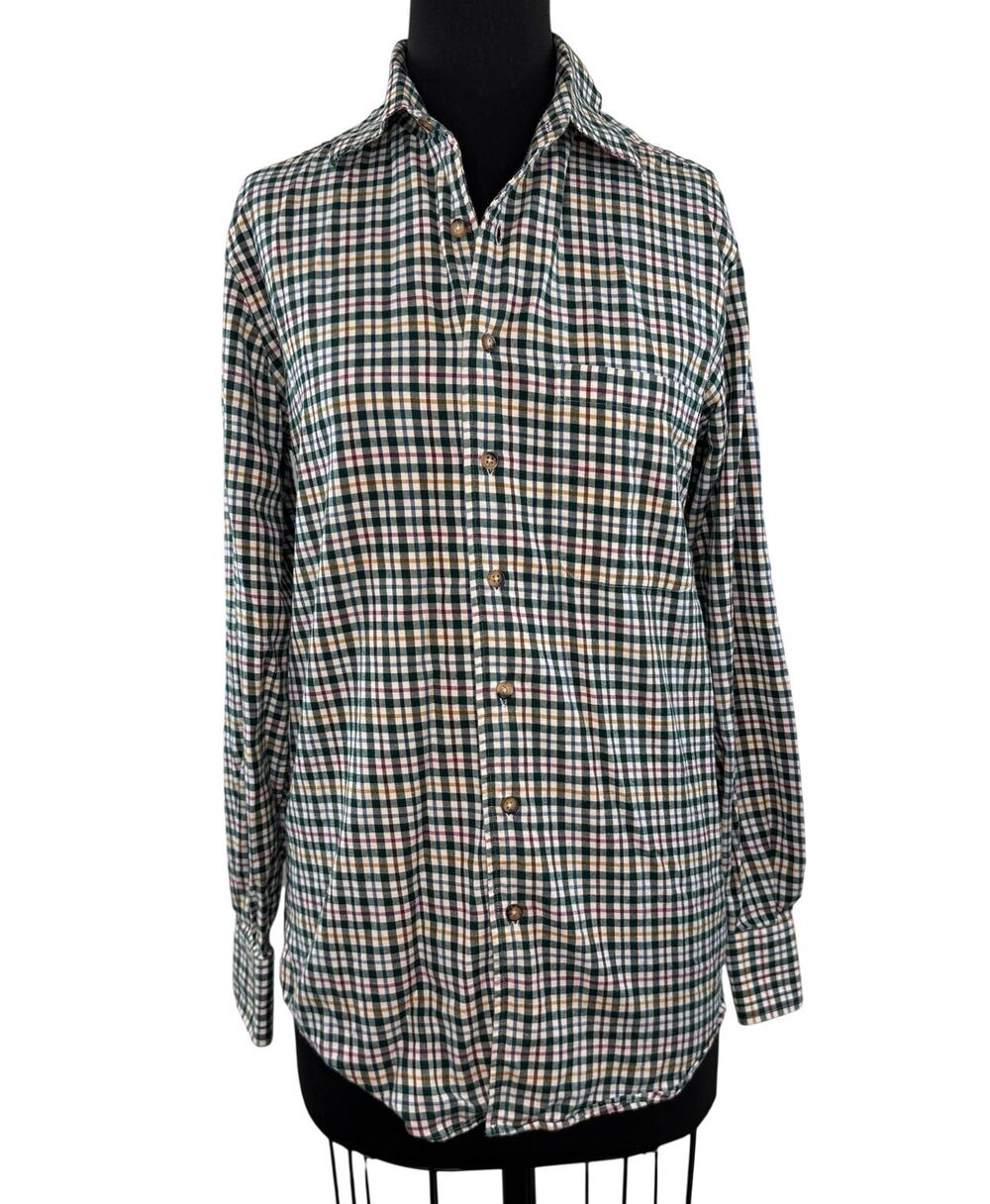 PAUL STUART Green Flannel Shirt Cotton Plaid Curved Hem Button-Up Size Small S